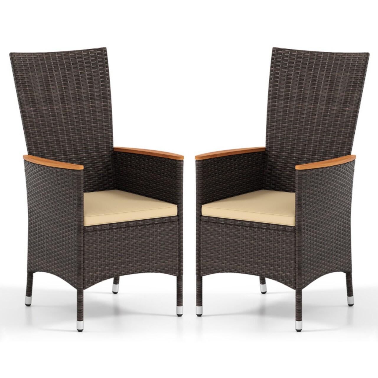 Outdoor PE Rattan Dining Chairs with Cushions High-Back Wicker Chairs with Acacia Wood Armrests